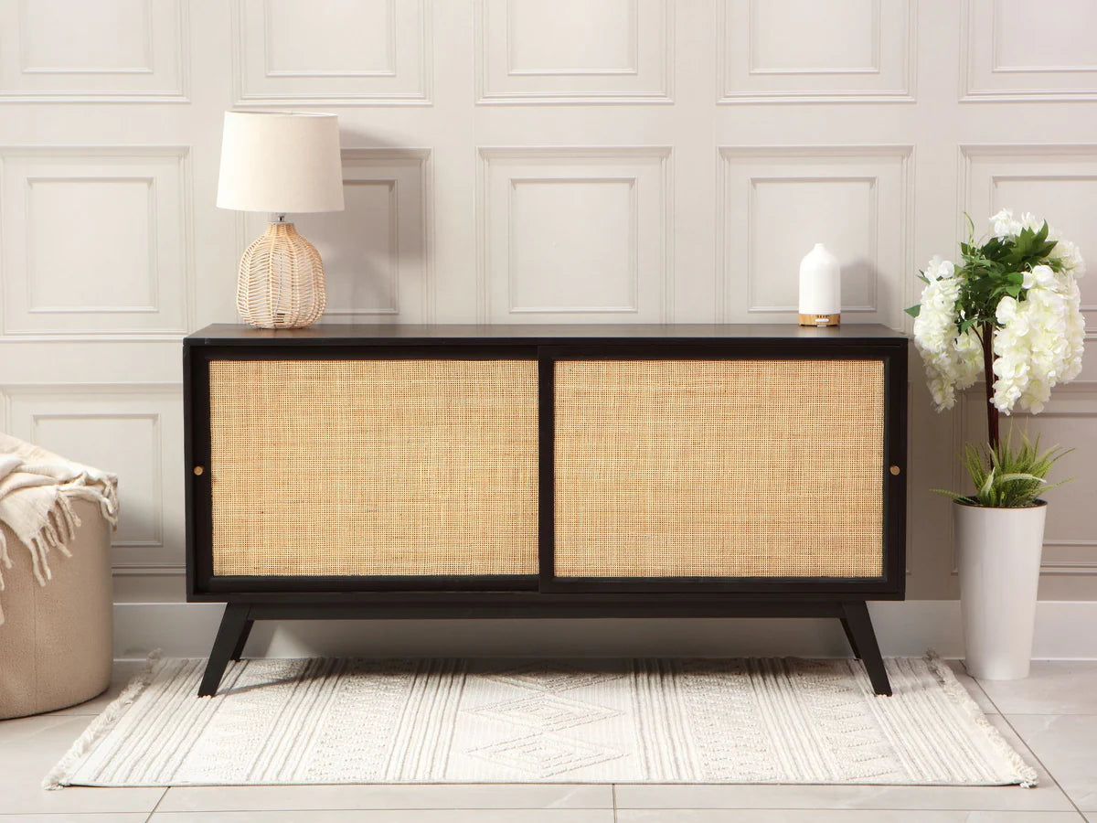Brooklyn Sliding 2 Door Sideboard Rattan Cabinet in Black