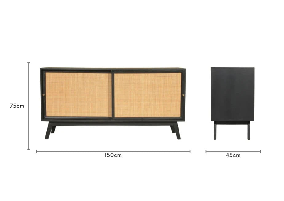 Brooklyn Sliding 2 Door Sideboard Rattan Cabinet in Black
