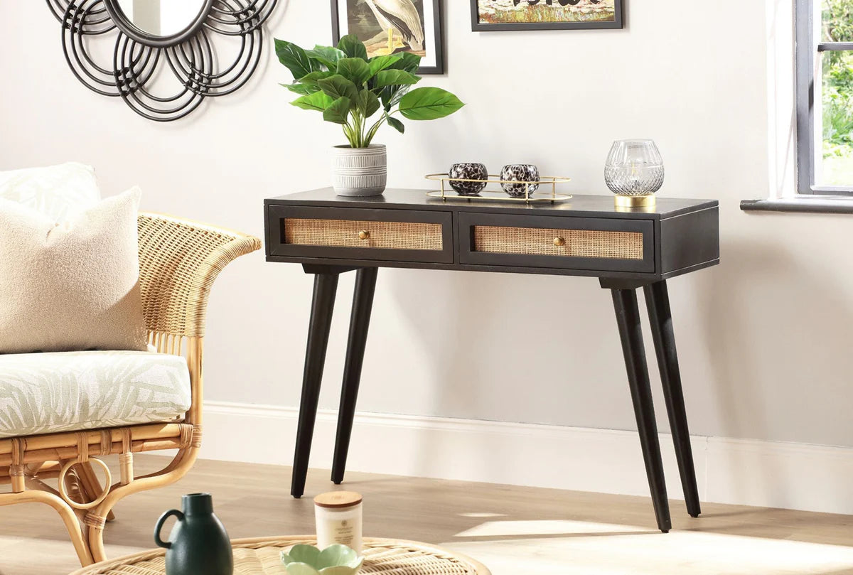 Brooklyn 2 Drawer Cane & Wood Console Table in Black
