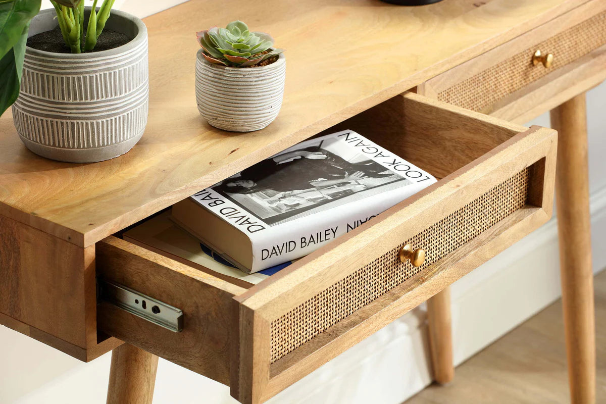 Brooklyn 2 Drawer Cane & Wood Console Table in Natural