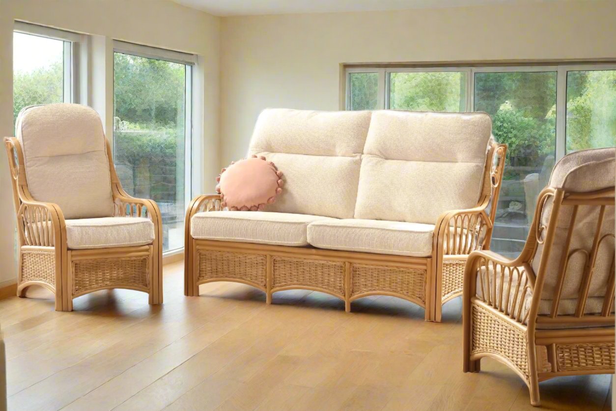 Light Oak Sao Luis Cane Conservatory 3 seater Sofa and 2x Armchairs.