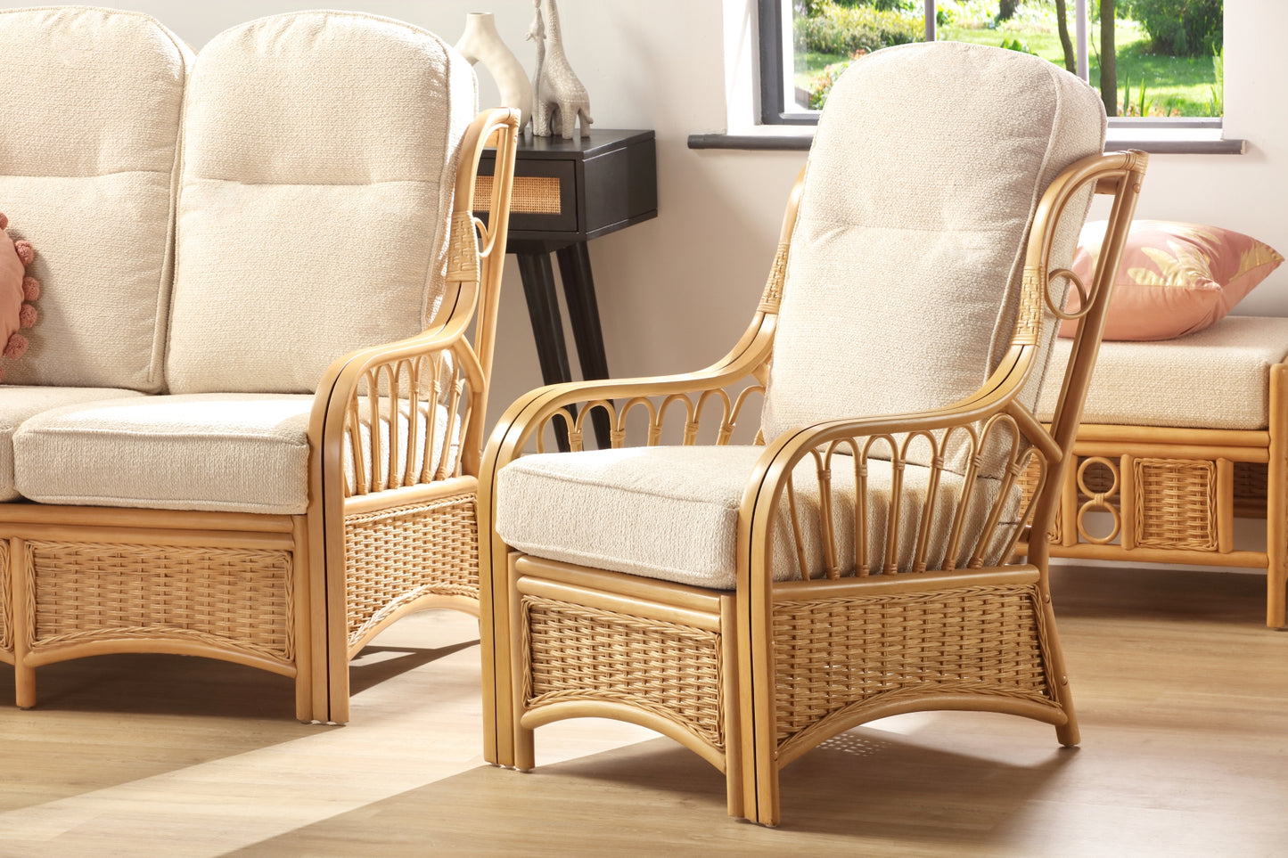 Light Oak Sao Luis Cane Conservatory 2 seater Sofa and 2x Armchairs. Room Setting close up.