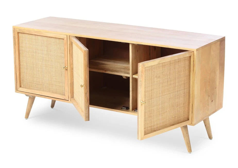 Brooklyn 3 Door Sideboard Rattan & Wood Cabinet in Natural.