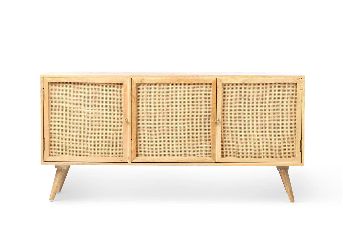 Brooklyn 3 Door Sideboard Rattan & Wood Cabinet in Natural.