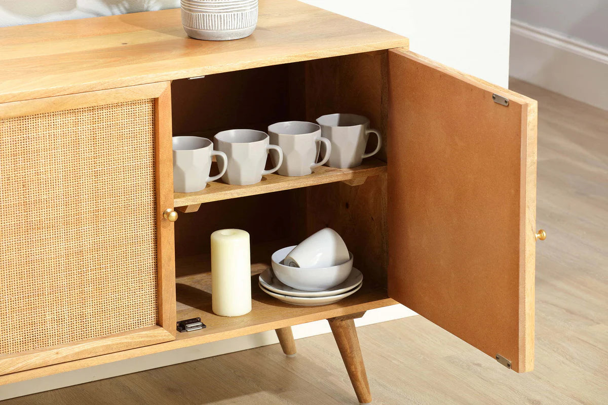 Brooklyn 3 Door Sideboard Rattan & Wood Cabinet in Natural.