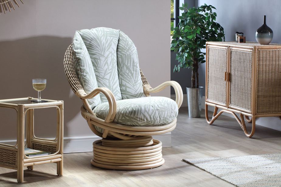 Natural Wash Belo Cane Conservatory Rock Swivel Chair. Room Setting.