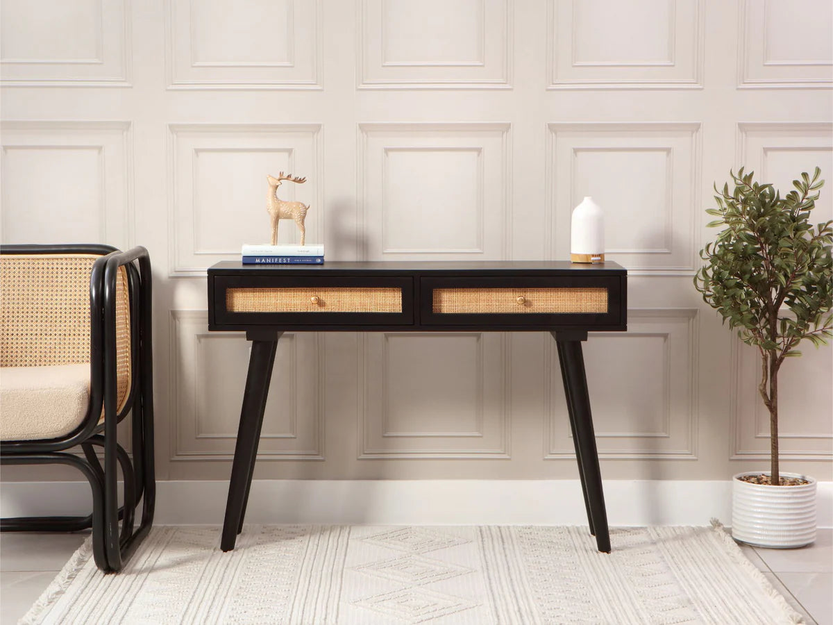 Brooklyn 2 Drawer Cane & Wood Console Table in Black
