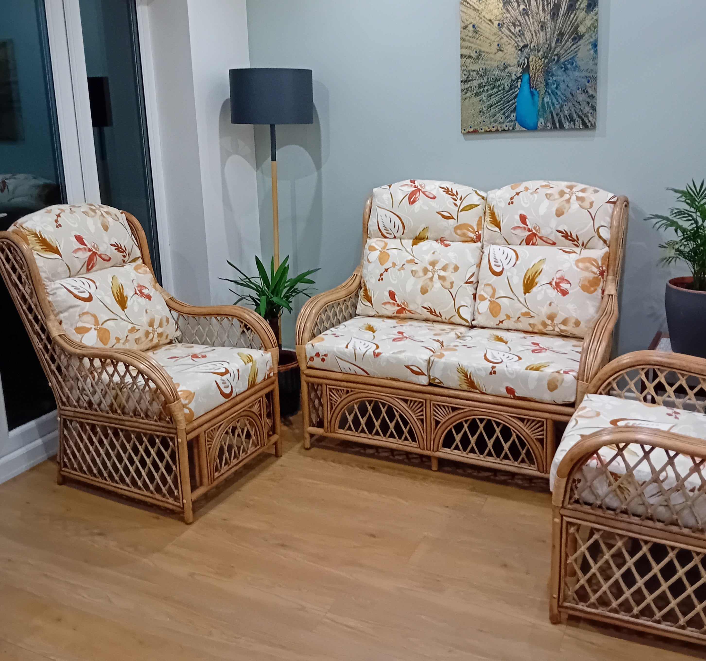 Antique Wash Serena Cane Conservatory 3pce Suite with Brindisi Autumn Cushions.