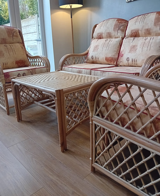 Natural Cane and Wicker 4 piece Conservatory Suite with Poppies Peach Cushions.