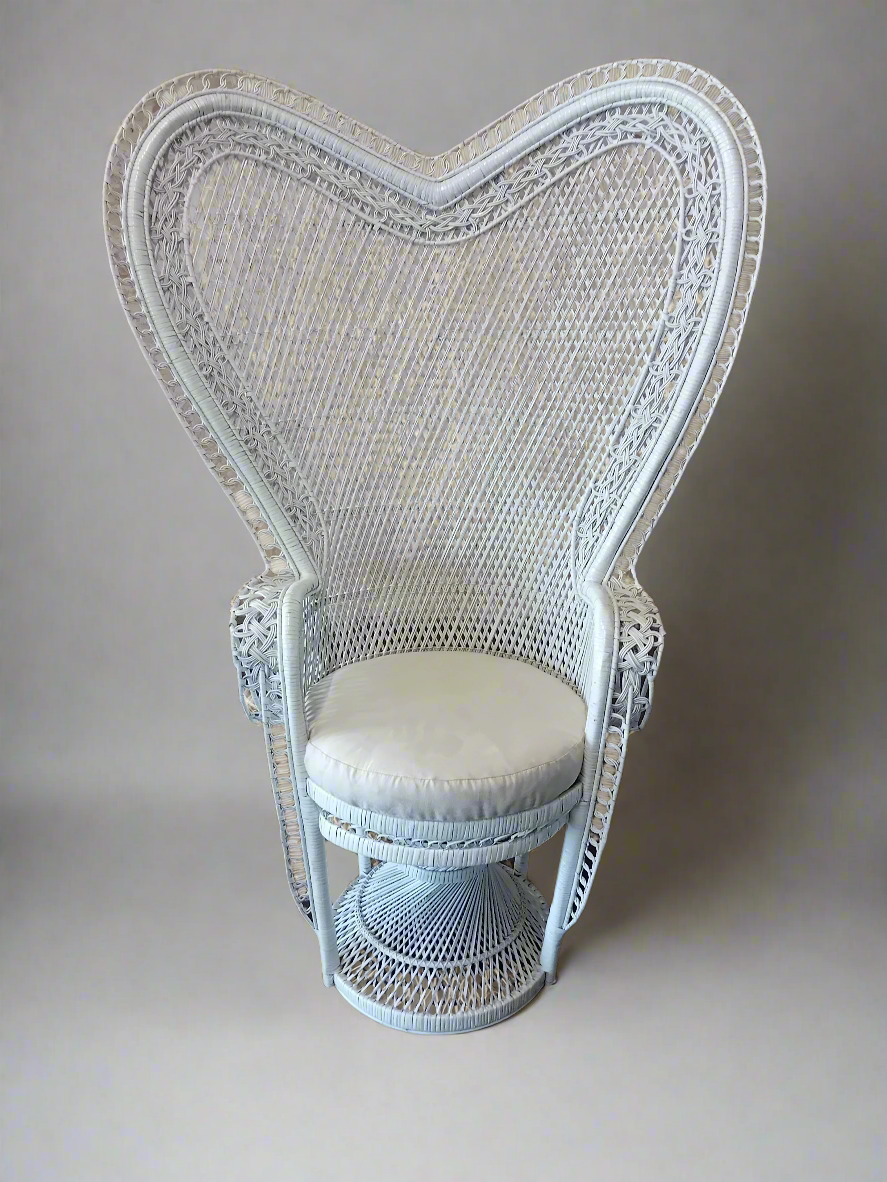 White Wicker Rattan Heart Peacock Chair and Seat Pad.
