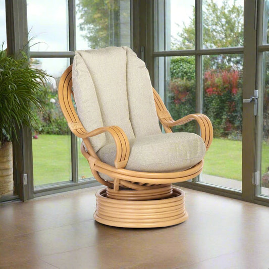 Light Oak Cane Conservatory Rock Swivel Chair