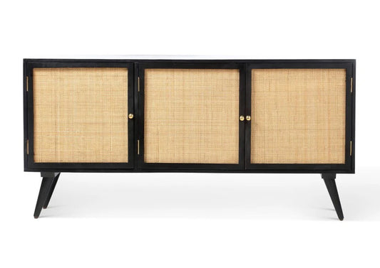Brooklyn 3 Door Sideboard Rattan & Wood Cabinet in Black.