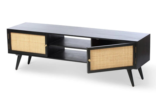 Brooklyn Wide Rattan & Wood TV Stand with Storage in Black.