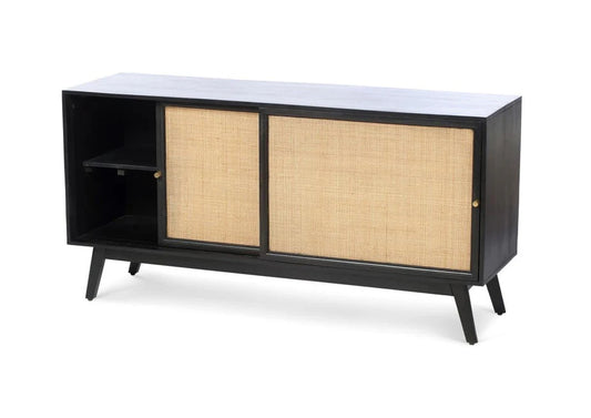 Brooklyn Sliding 2 Door Sideboard Rattan Cabinet in Black