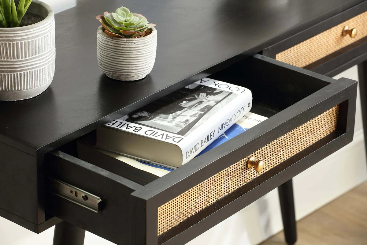 Brooklyn 2 Drawer Cane & Wood Console Table in Black
