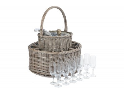 Kubu Grey Willow Wicker Garden Party Basket. With 12 Wine Glasses.