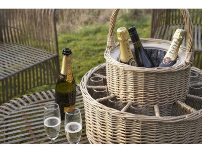 Kubu Grey Willow Wicker Garden Party Basket. With 12 Wine Glasses.