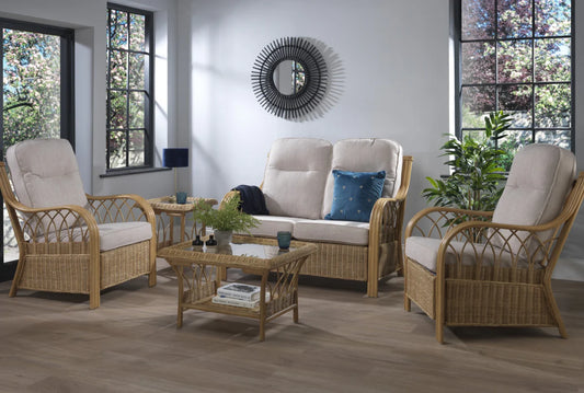 Light Oak Venice Cane Conservatory 2 seater Sofa and 2x Armchairs.