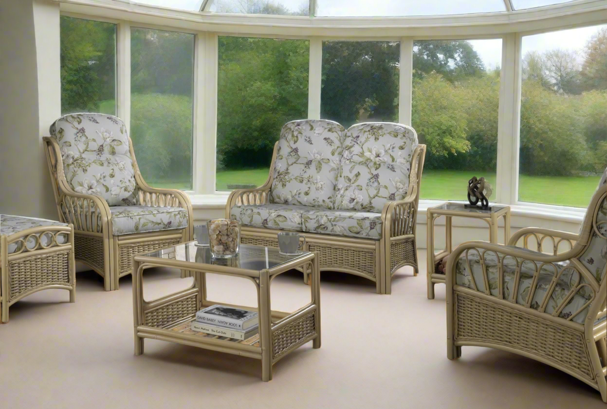 Natural Wash Sao Luis Cane Conservatory 2 seater Sofa and 2x Armchairs.