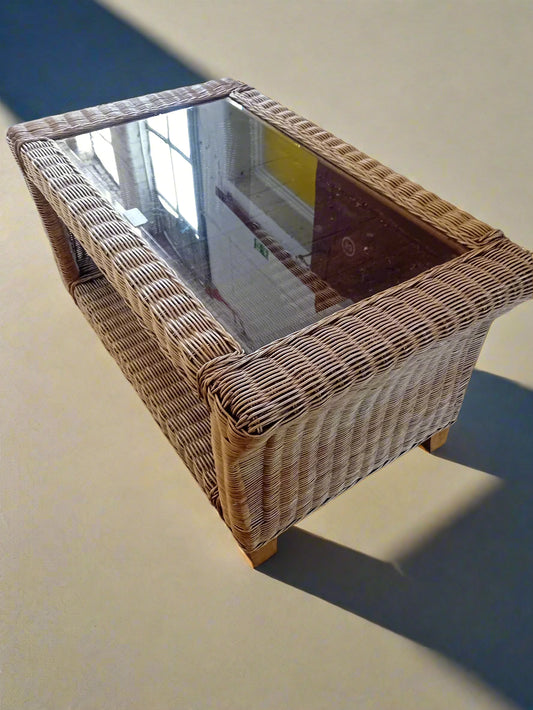 Slight seconds. Antique Wash Emperor Cane and Wicker Conservatory Glass Top Coffee Table.
